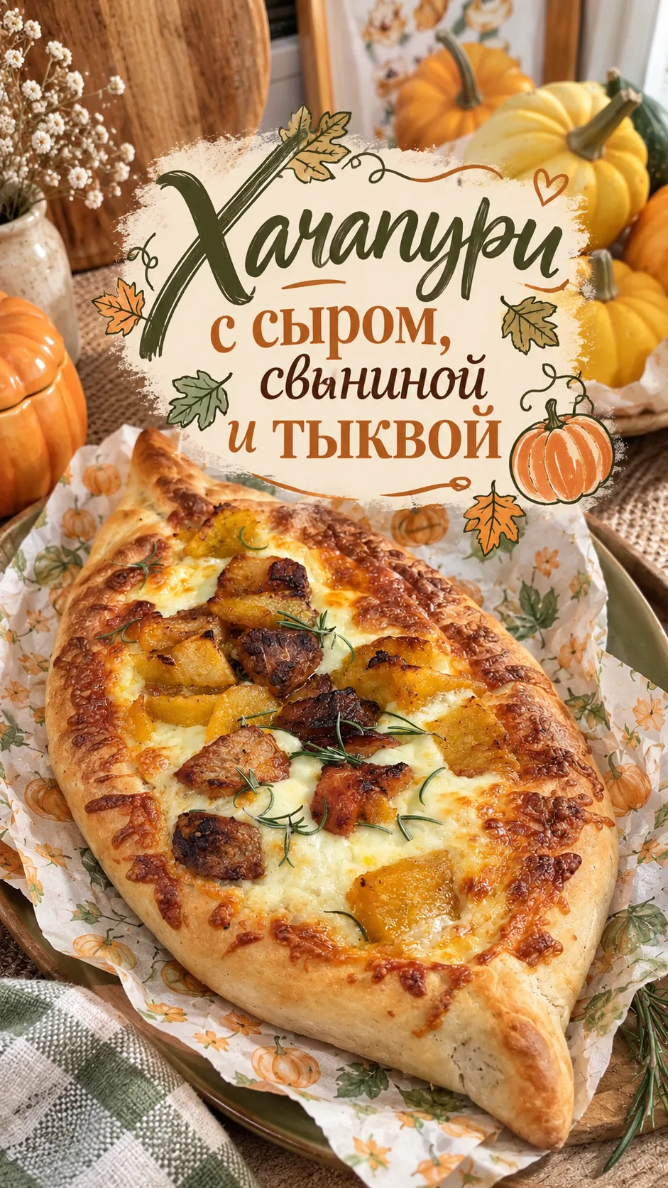 У этого хачапури две начинки: тянущийся сулугуни и сочные кусочки мяса с тыквой. Мясо п...