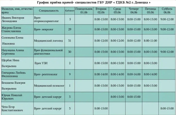 📆 Расписание приёма врачей поликлиники ГБУ ДНР «ГДКБ №2 г. Донецка» с 01.06.2026 по 06...