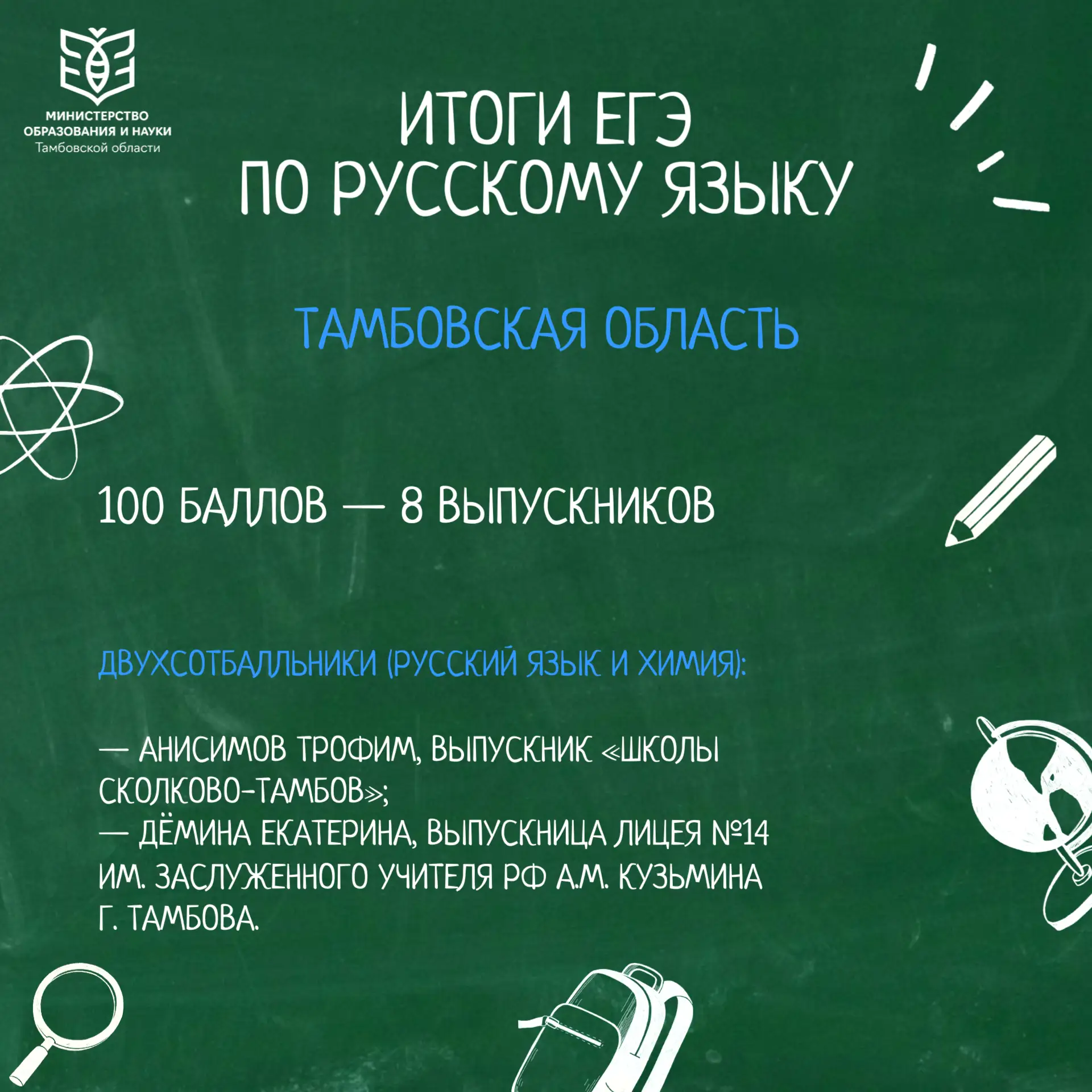 💯 В Тамбовской области 8 школьников получили 100 баллов по итогам ЕГЭ по русскому языку