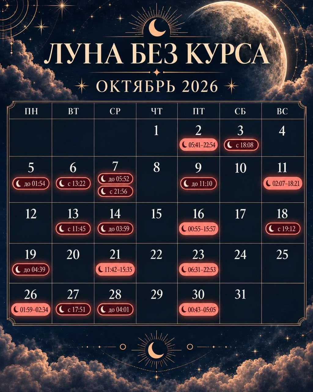 🌙 ЛУНА БЕЗ КУРСА В ОКТЯБРЕ 2026