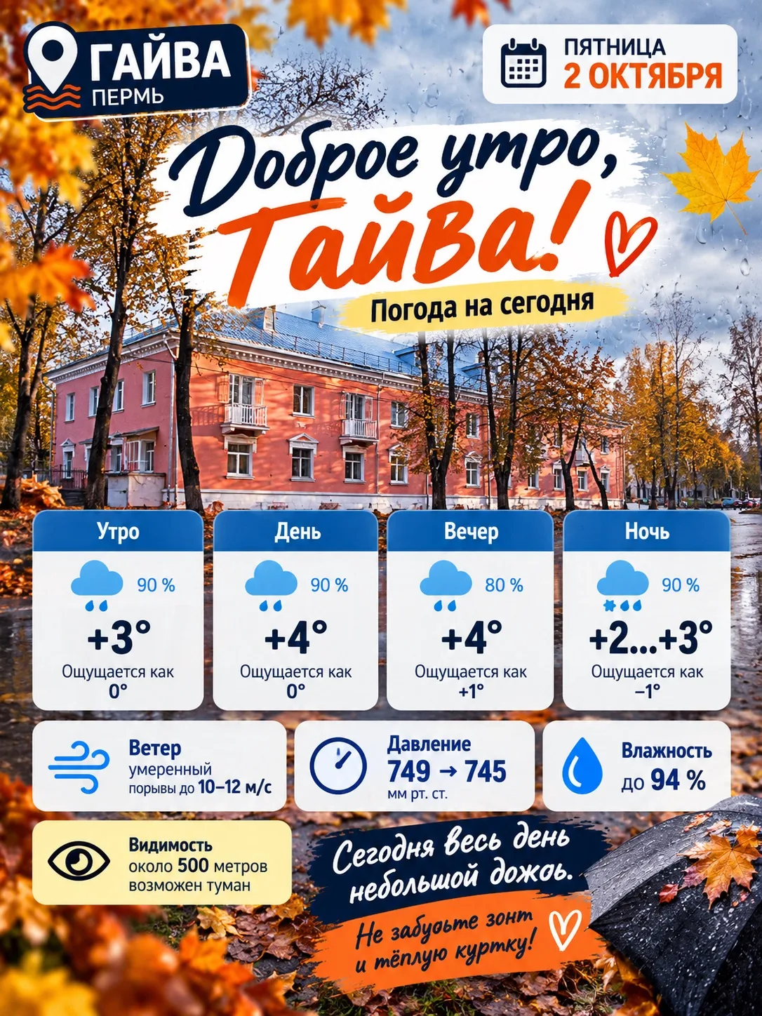 🌧 Доброе утро, Гайва! Погода на пятницу, 2 октября