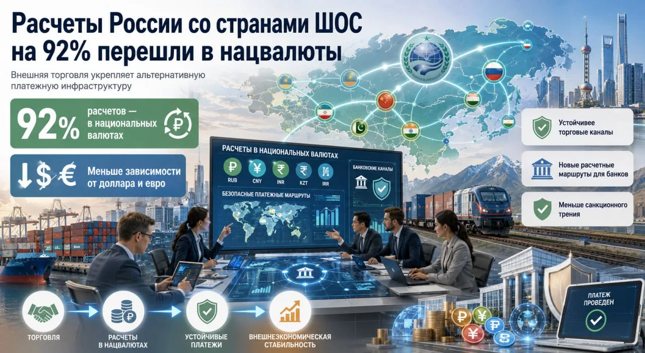Расчеты России в национальных валютах со странами ШОС достигли 92%, сообщает Минэкономр...