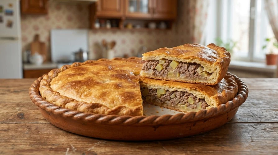 Мясной пирог — Сытный, сочный пирог из нежного теста на сметане с фаршем, картофелем и луком. ~400 р