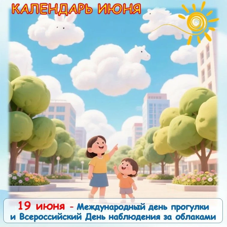 Календарь июня 🌞 
19 июня – Международный день прогулки и Всероссийский День наблюдения за облаками