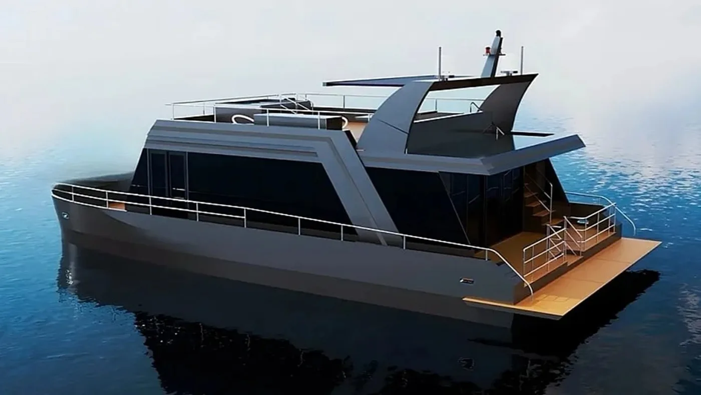 Solstice от Bay Square Floating Tech: плавучий дом-яхта с террасой и джакузи на крыше
