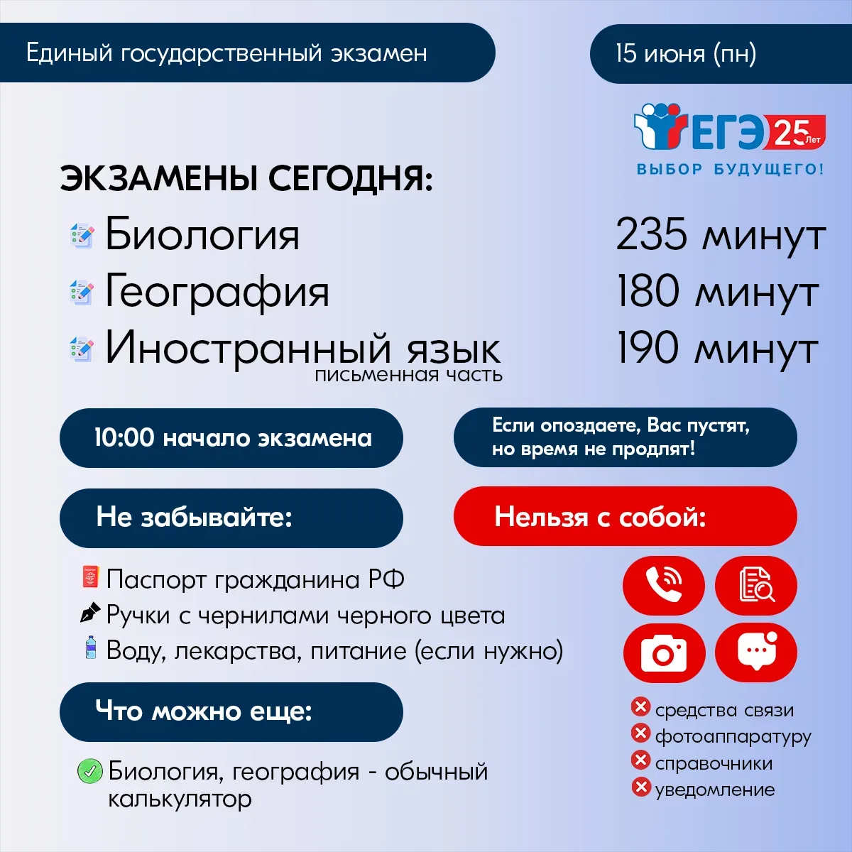 Сегодня выпускники 11‑х классов сдают ЕГЭ по биологии, географии и иностранным языкам (...