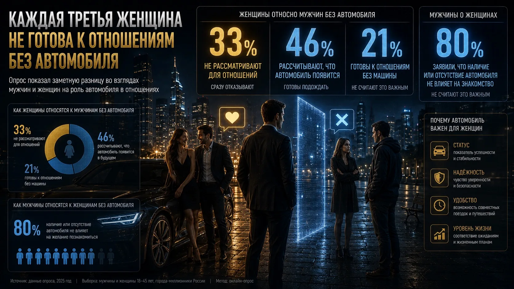 🚗 Каждая третья женщина не готова строить отношения с мужчиной без автомобиля
