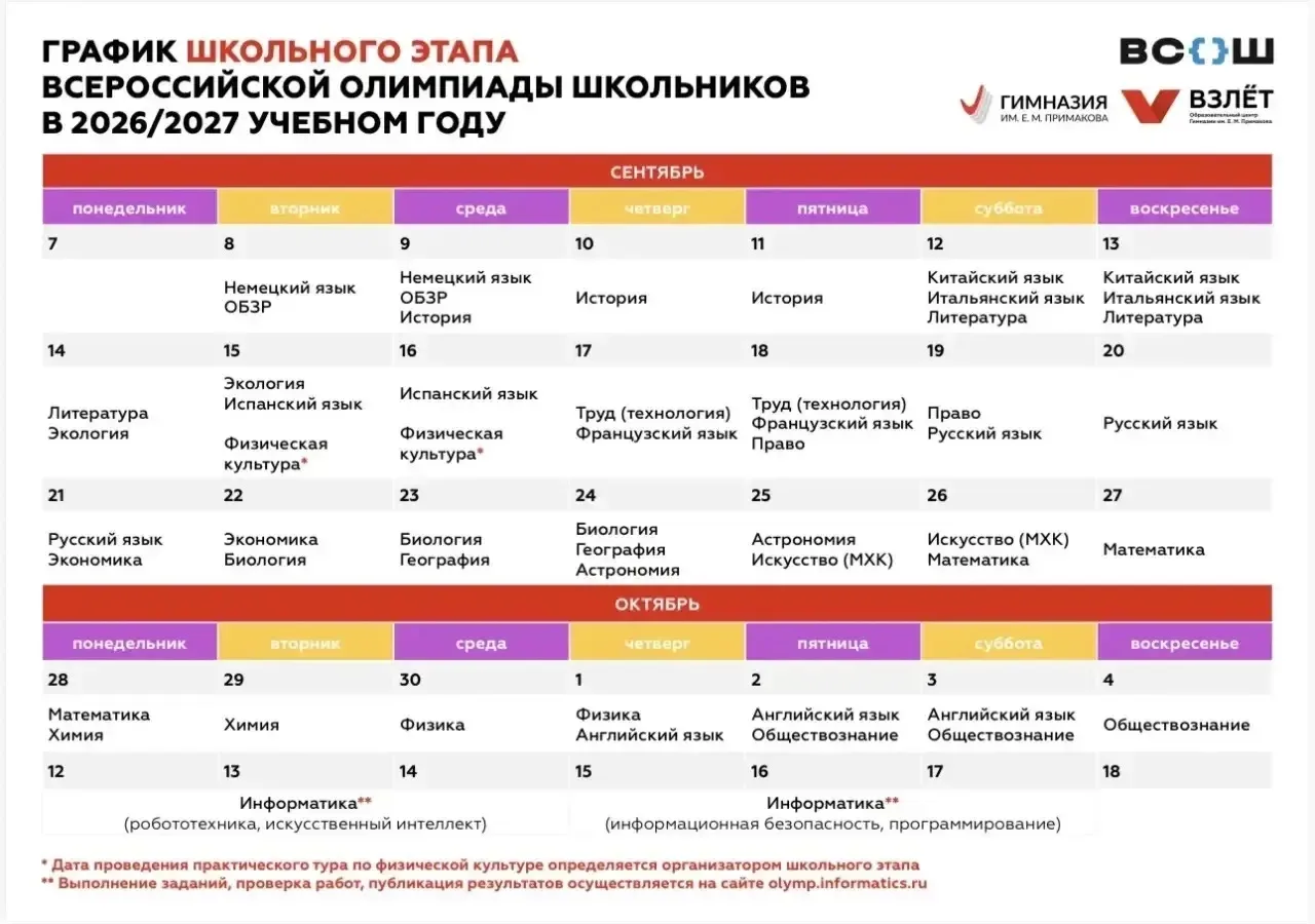 С 08 сентября 2026 года стартует школьный этап всероссийской олимпиады школьников по об...