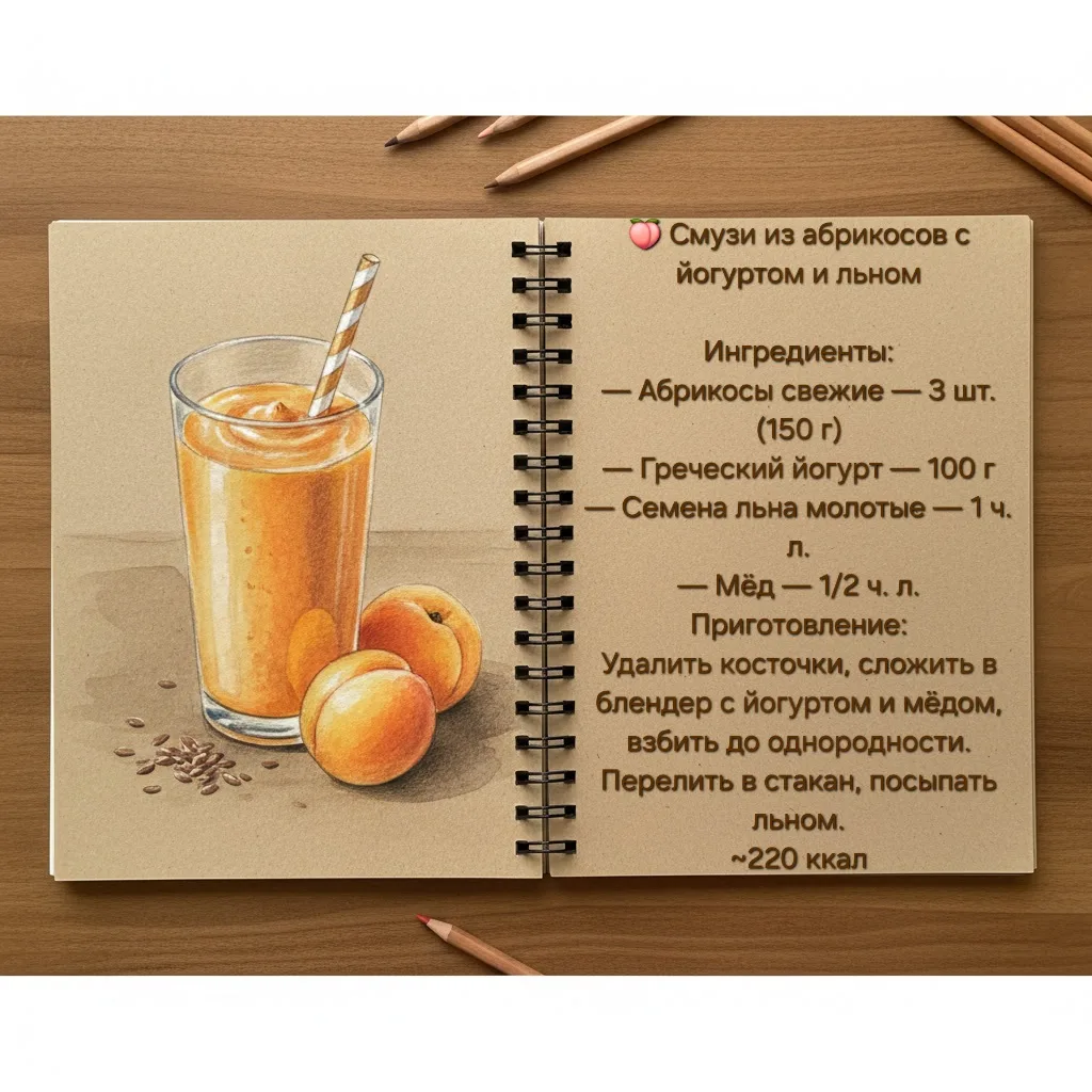 🍑 Смузи из абрикосов с йогуртом и льном
Ингредиенты:
— Абрикосы свежие — 3 шт. (150 г)
— Греческий 