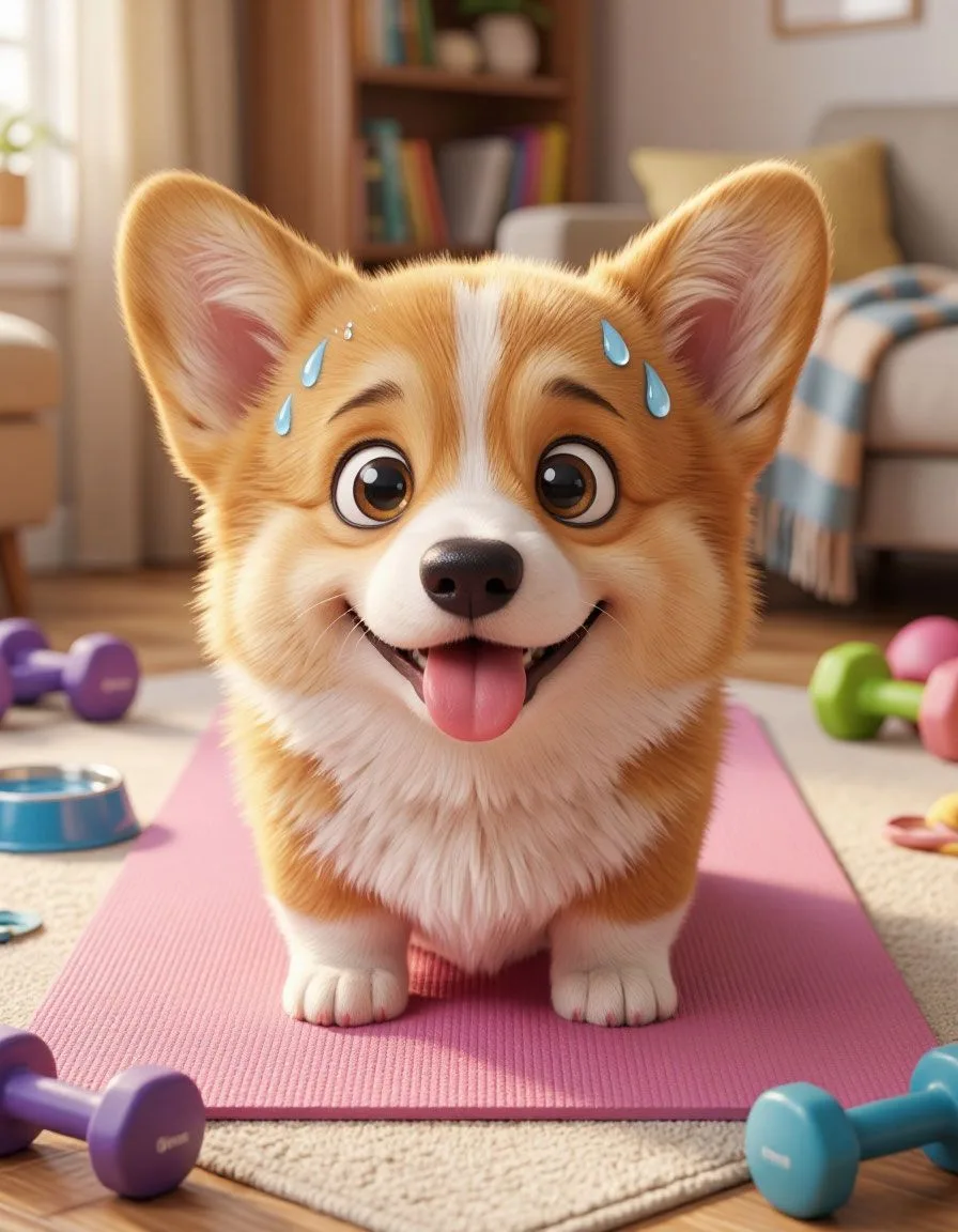 Pixar-style 3D animation character, a chubby happy Corgi puppy doing push-ups on a yoga mat in a coz