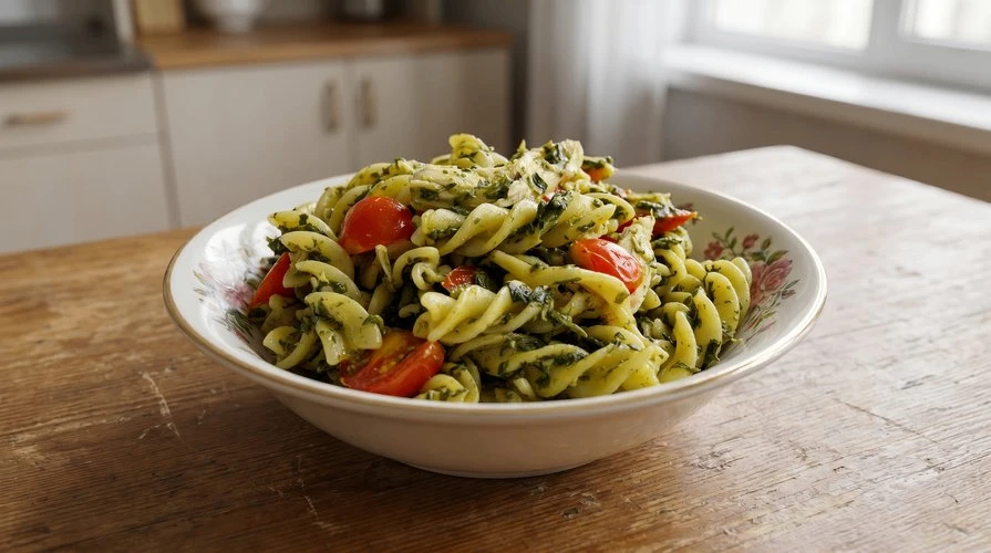 Паста для ужина с курицей, томатами и соусом песто