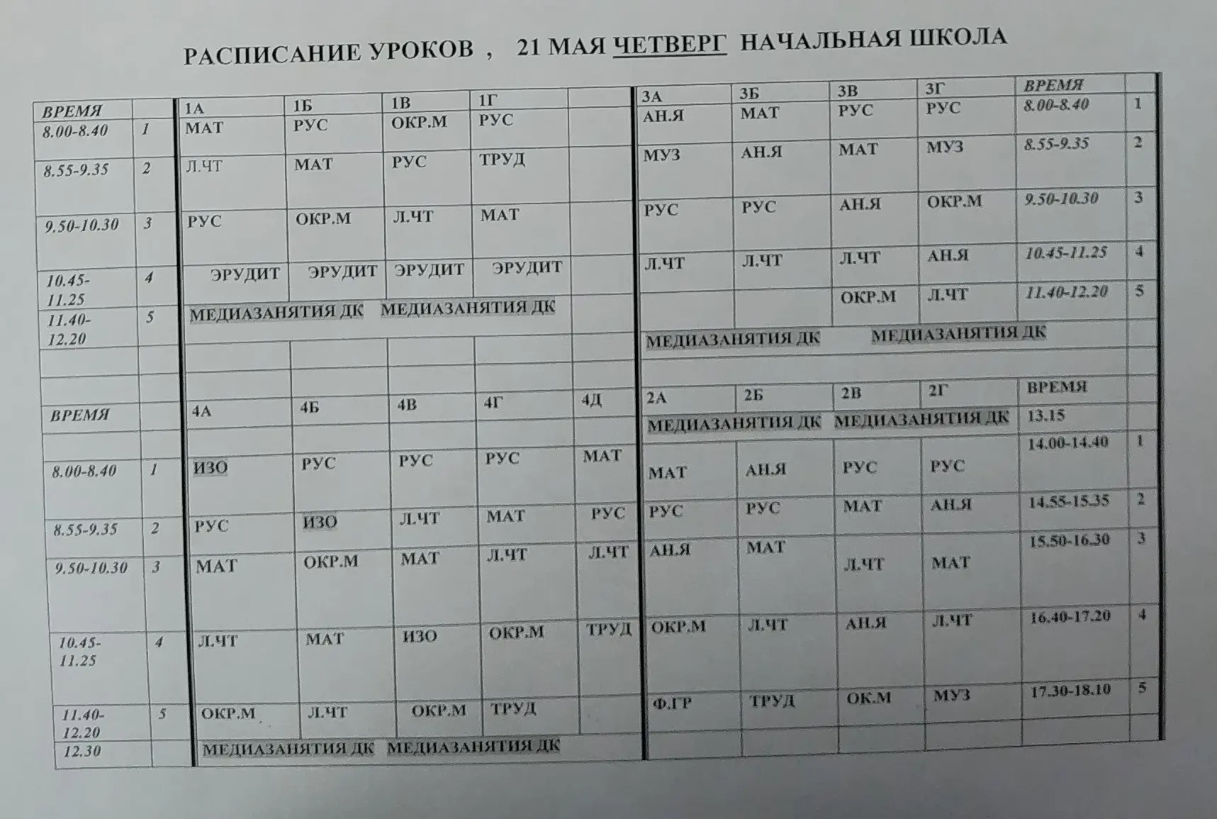 Расписание уроков на четверг 21.05
