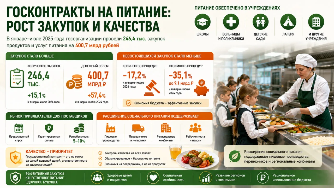 Госконтракты на питание выросли: в январе—июле госорганизации провели 246,4 тыс. закупок продуктов и