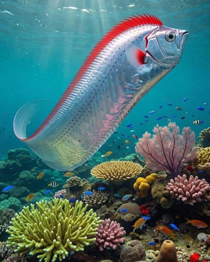 Глубоко в океане обитает сельдяной король (Oarfish) — одна из самых длинных костных рыб...