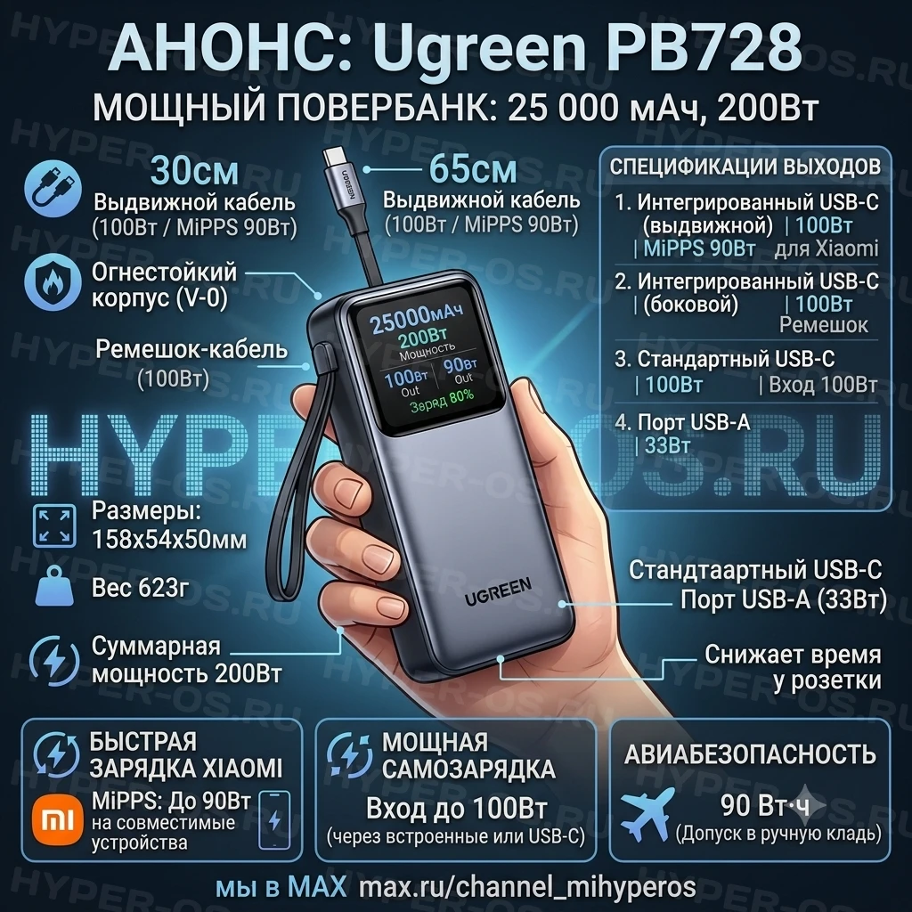 🔋 Ugreen PB728: повербанк на 25 000 мАч с поддержкой MiPPS 90 Вт и мощностью 200 Вт