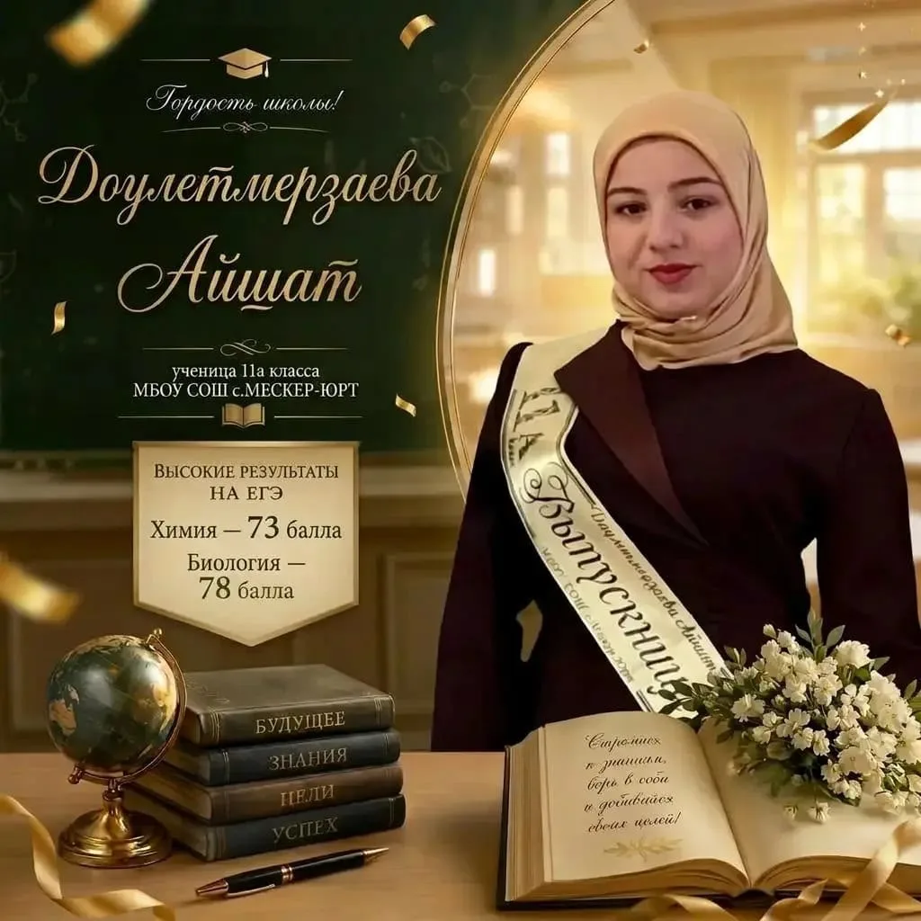 Даулетмерзаева Айшат — одна из лучших учениц нашей школы. За время учёбы показала себя как одна из с