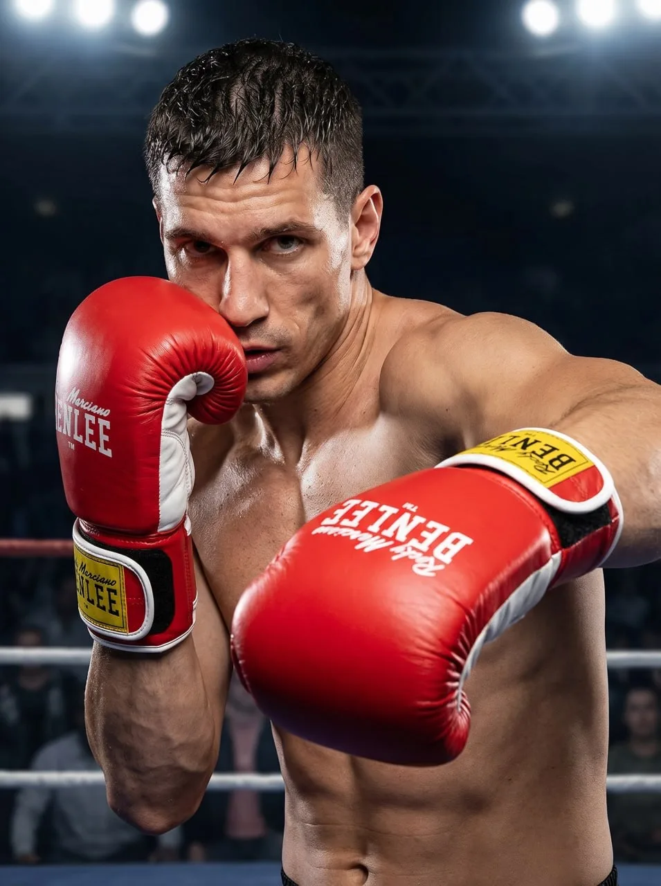 Model Appearance — athletic male boxer, lean muscular build, light-to-medium skin tone, short dark s