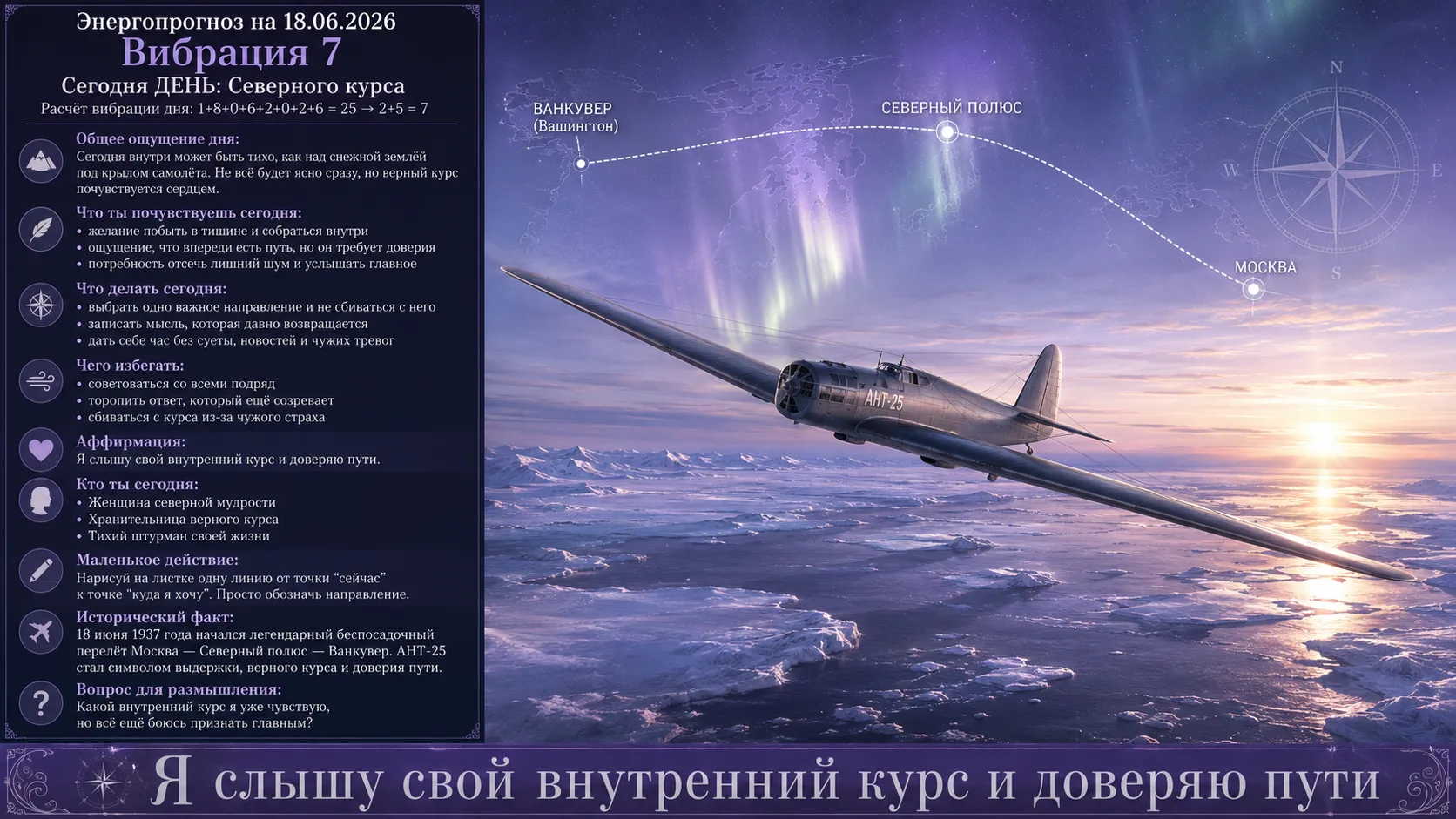 🌟 Энергопрогноз на 18.06.2026

🔢 Расчёт вибрации дня:
1+8+0+6+2+0+2+6 = 25 → 2+5 = 7

Вибрация 7 э