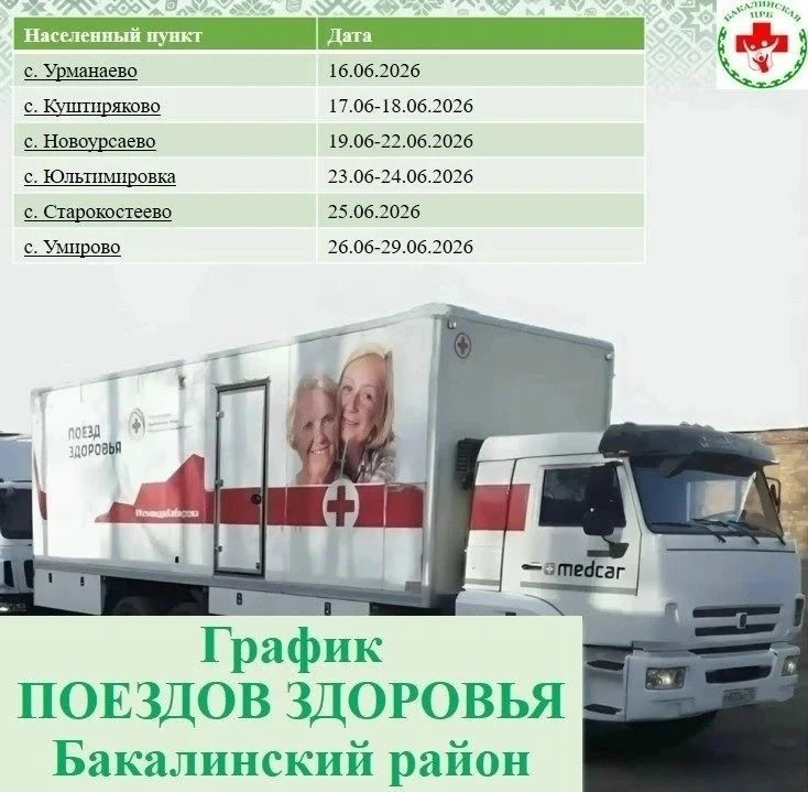 Завтра, с 16 июня, в Бакалинском районе стартует «Поезд здоровья».
Работать он начнет в с.Урманаево,