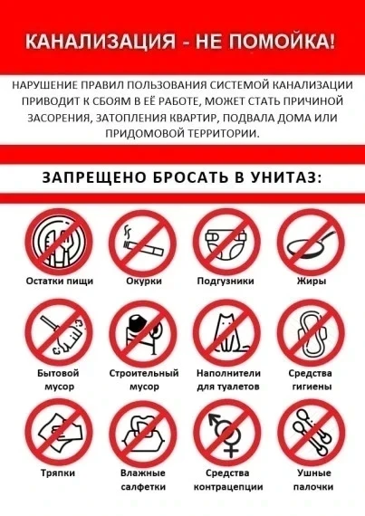 Уважаемые жители!  Напоминаем, что в унитаз ни в коем случае нельзя бросать: