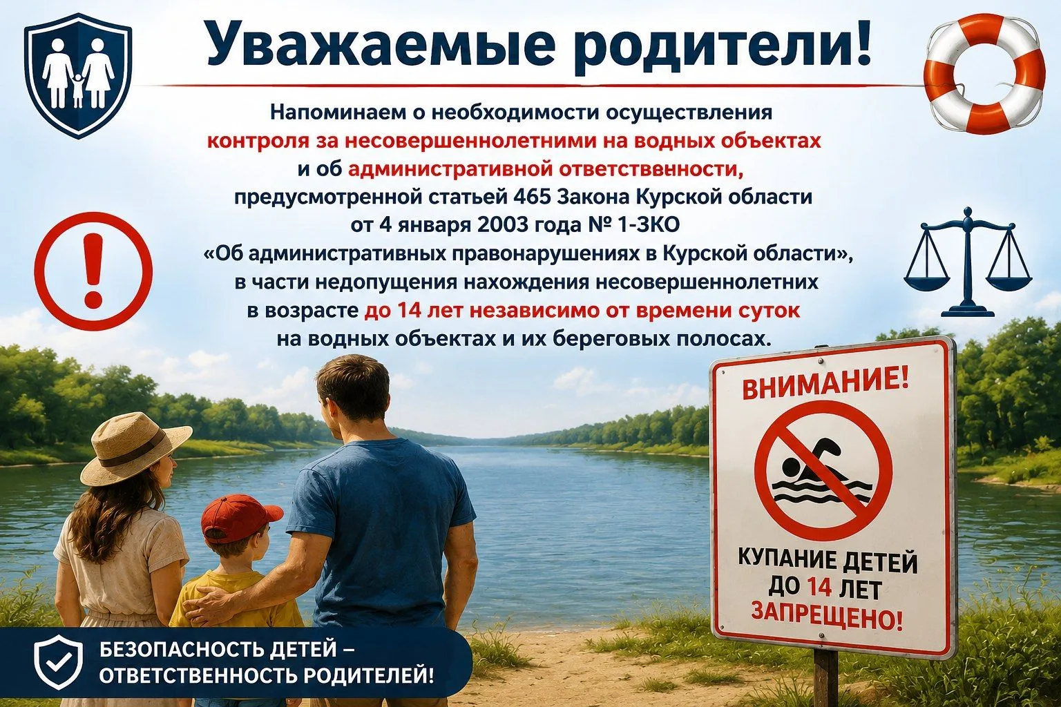 ⚠️ ВНИМАНИЕ!

В целях безопасности напоминаем:

👨‍👩‍👦 Контролируйте детей у воды;
🚫 Детям до 14 