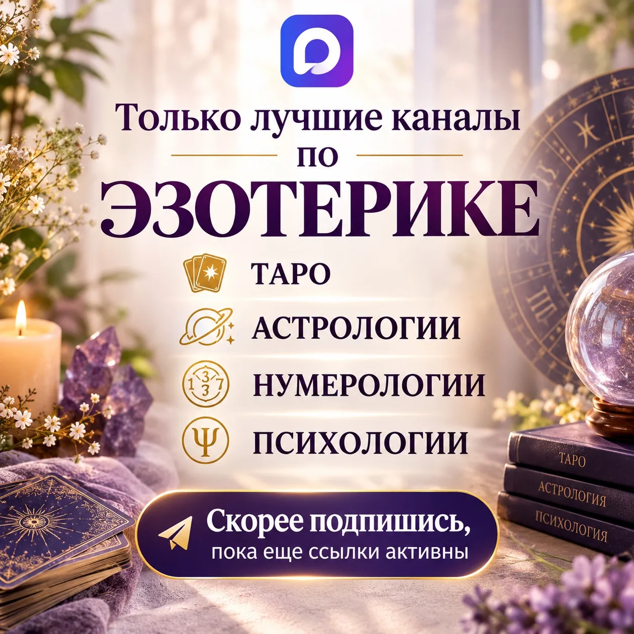 ✨ Собрали для вас самые интересные каналы по Таро, астрологии, нумерологии и психологии...