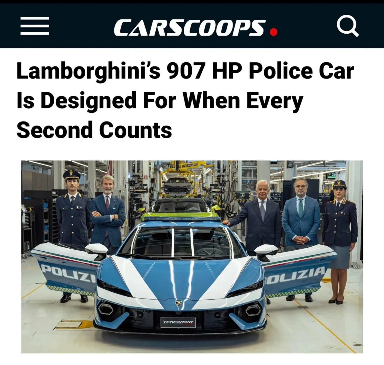 Итальянская полиция получила Lamborghini Temerario на 907 сил — суперкар будут использо...