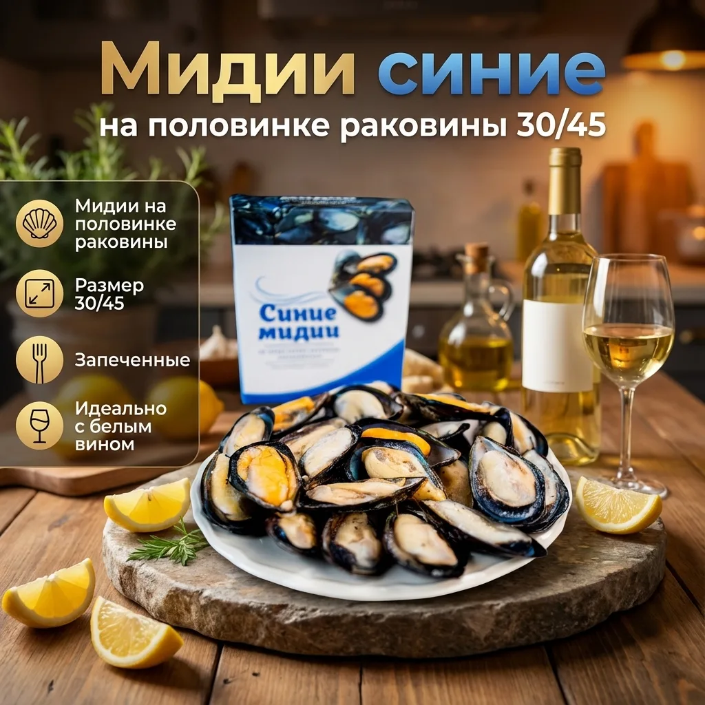 👉 Мидии, голубые (синие) на половинках раковины 30/40, цена:       6️⃣9️⃣0️⃣ ₽/кг., (у...
