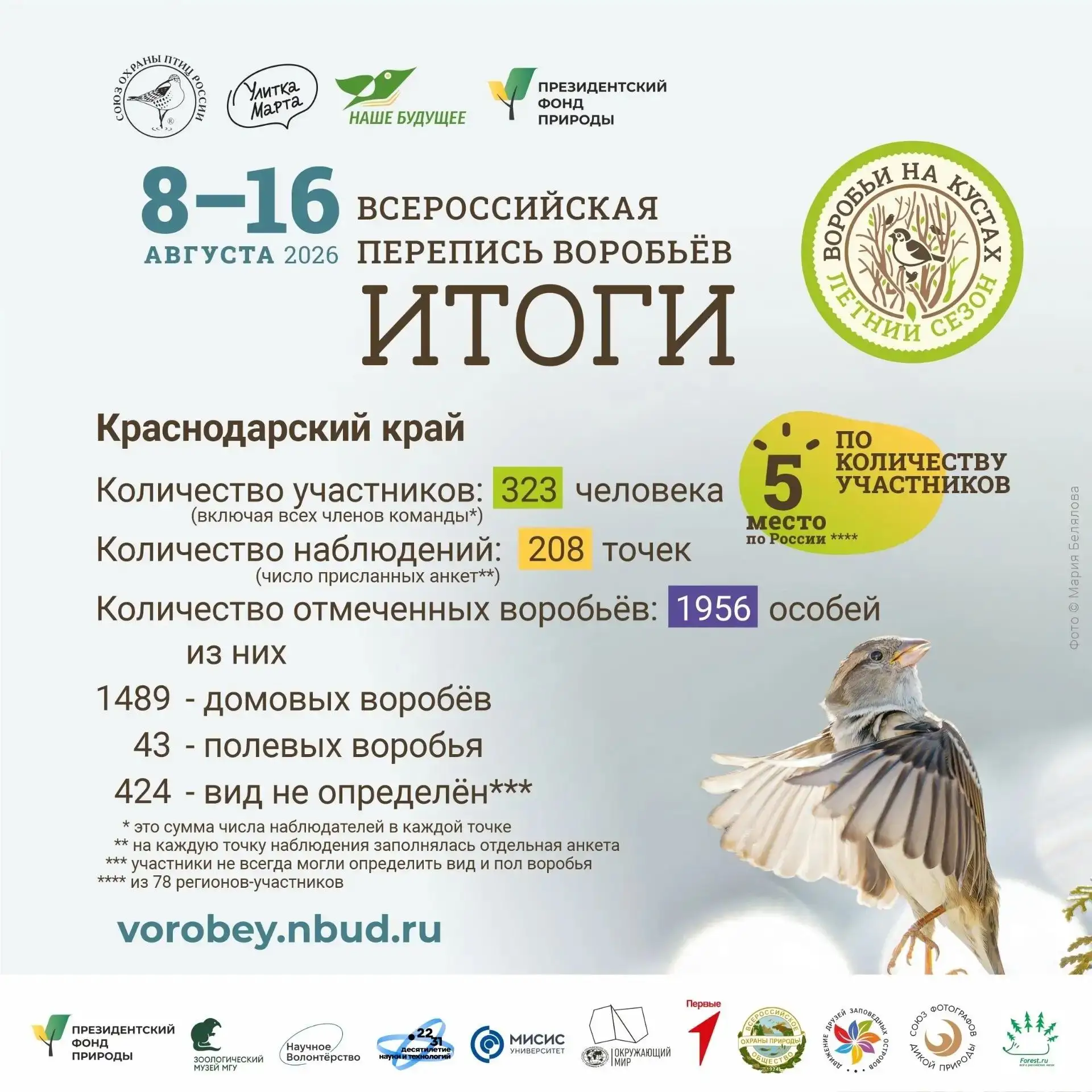 🪶 В Краснодарском крае подсчитали воробьёв! Подводим итоги летнего этапа Всероссийской...