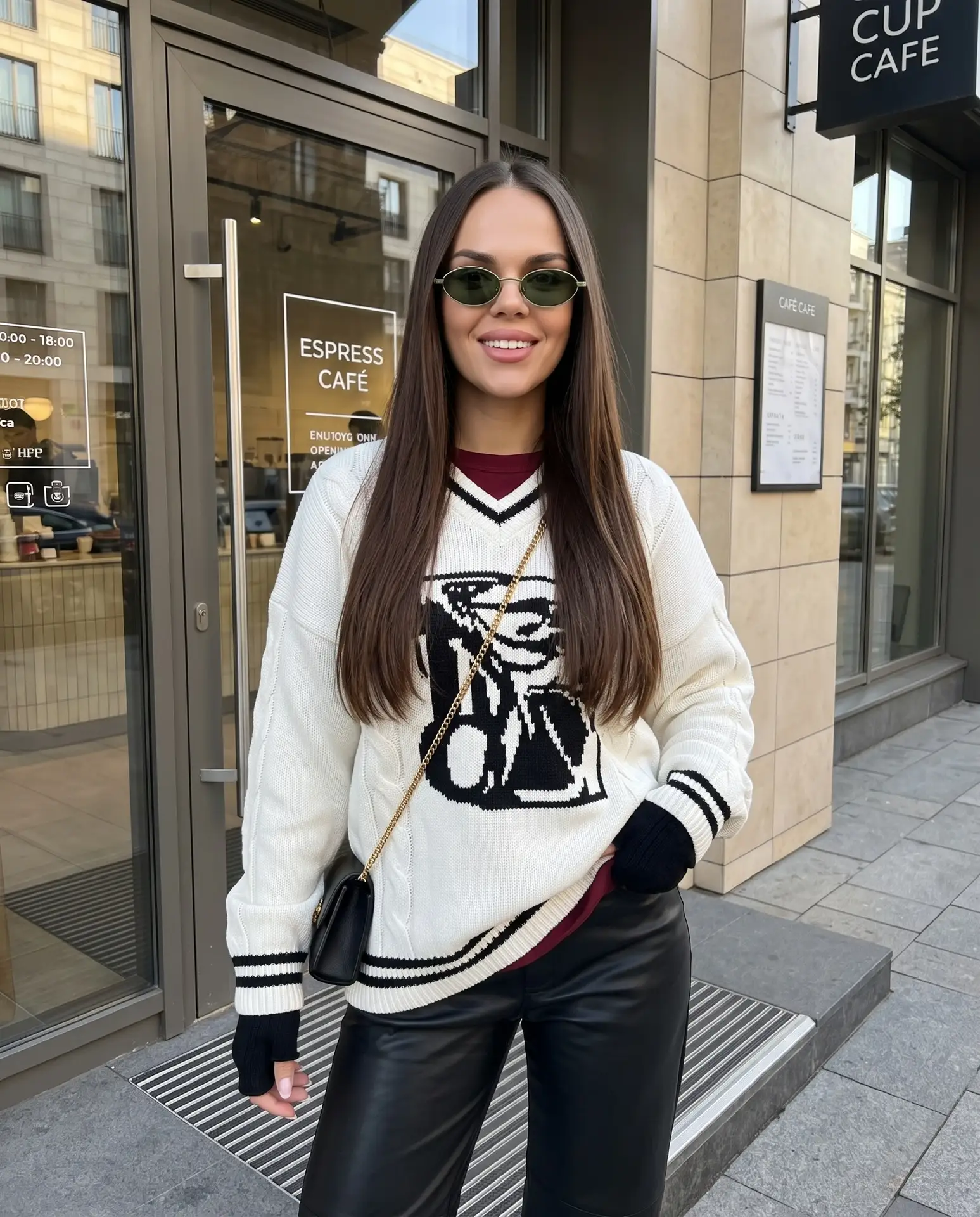 Ультрареалистичная street style-фотография девушки возле входа в современное городское ...