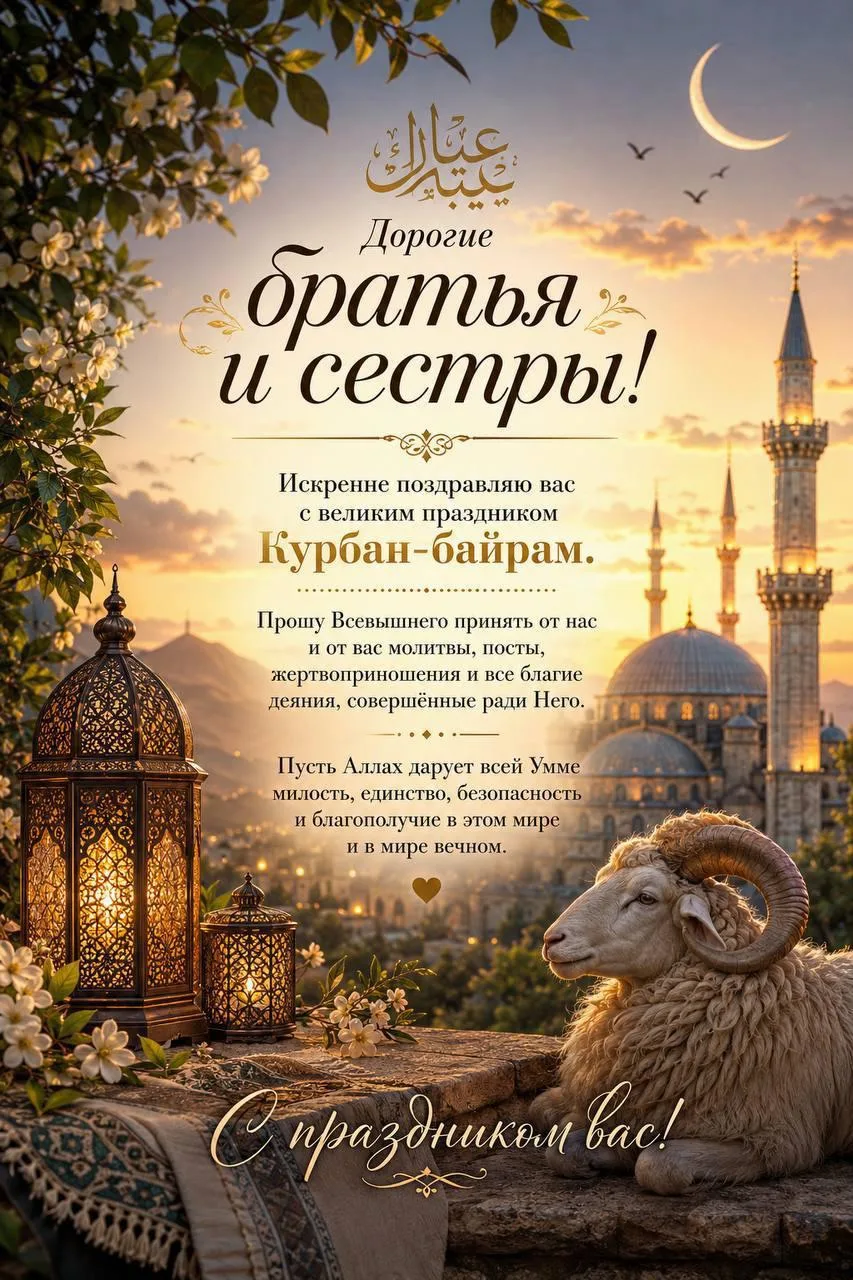 Поздравляю с одним из самых главных праздников Ислама – Ид аль-Адха (Курбан-байрам)! Да...