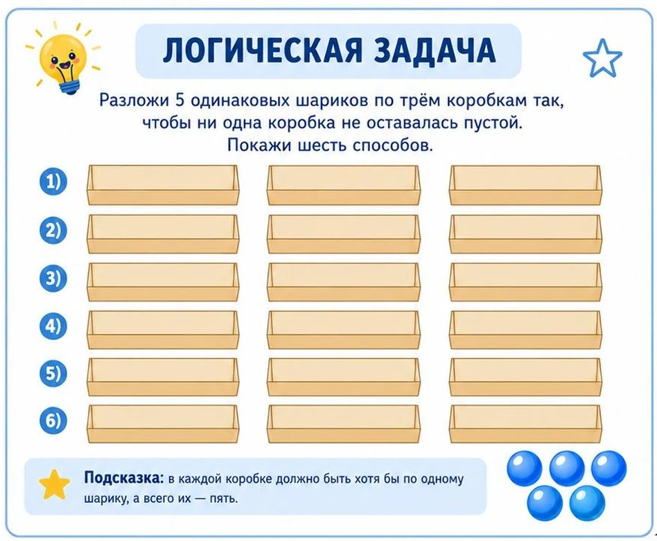 Логическая задача. 1--2 класс

Разложи 5 одинаковых шариков по трём коробкам так, чтобы ни одна коро