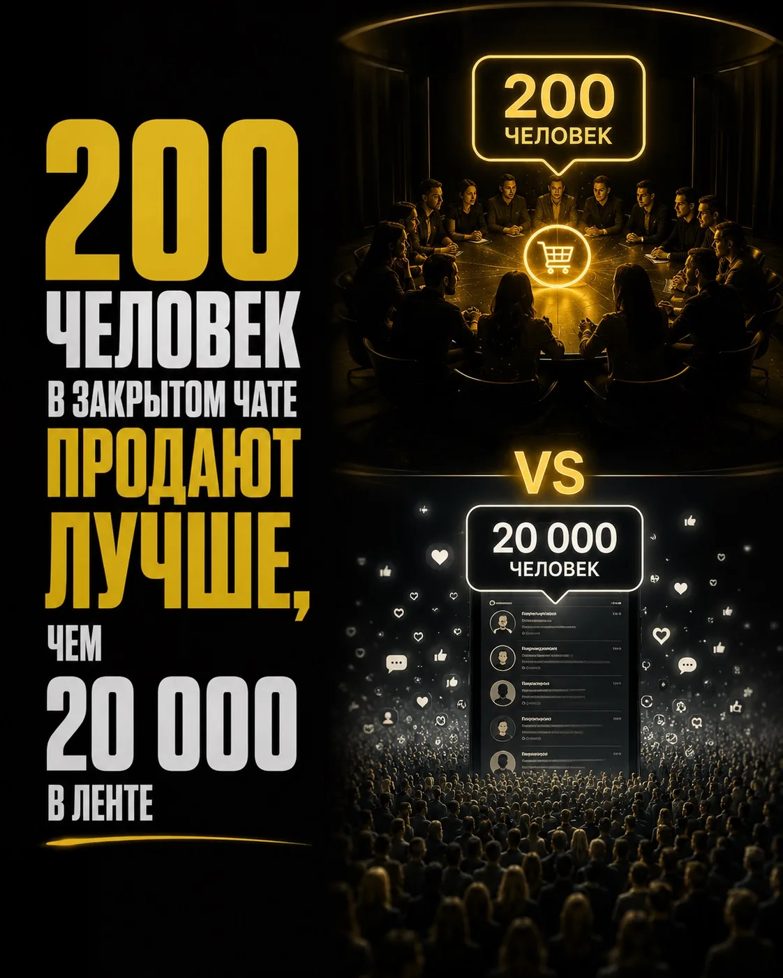 200 человек в закрытом чате продают лучше, чем 20 000 в ленте.