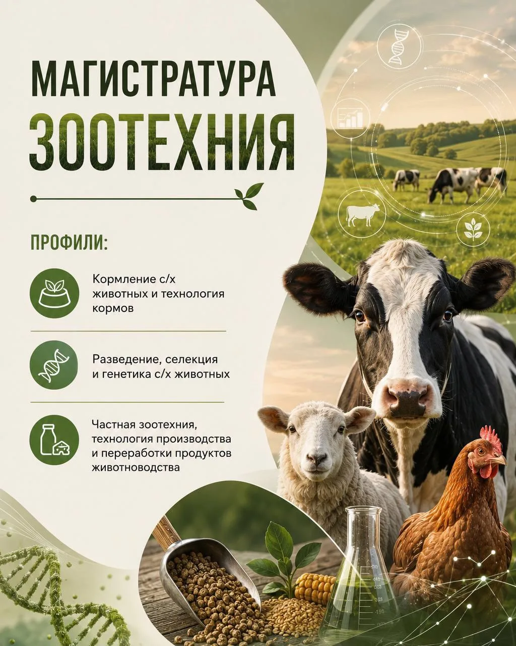 🔬 Изучайте современные методы селекции, генетики, кормопроизводства и технологии получения качестве