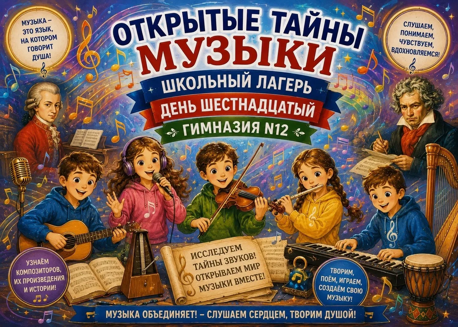 День шестнадцатый в нашем школьном лагере был посвящён теме «Открытые тайны музыки».

Этот день пода