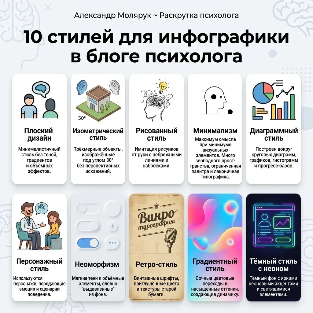 10 самых популярных стилей для промтов инфографики в теме маркетинга и психологии: