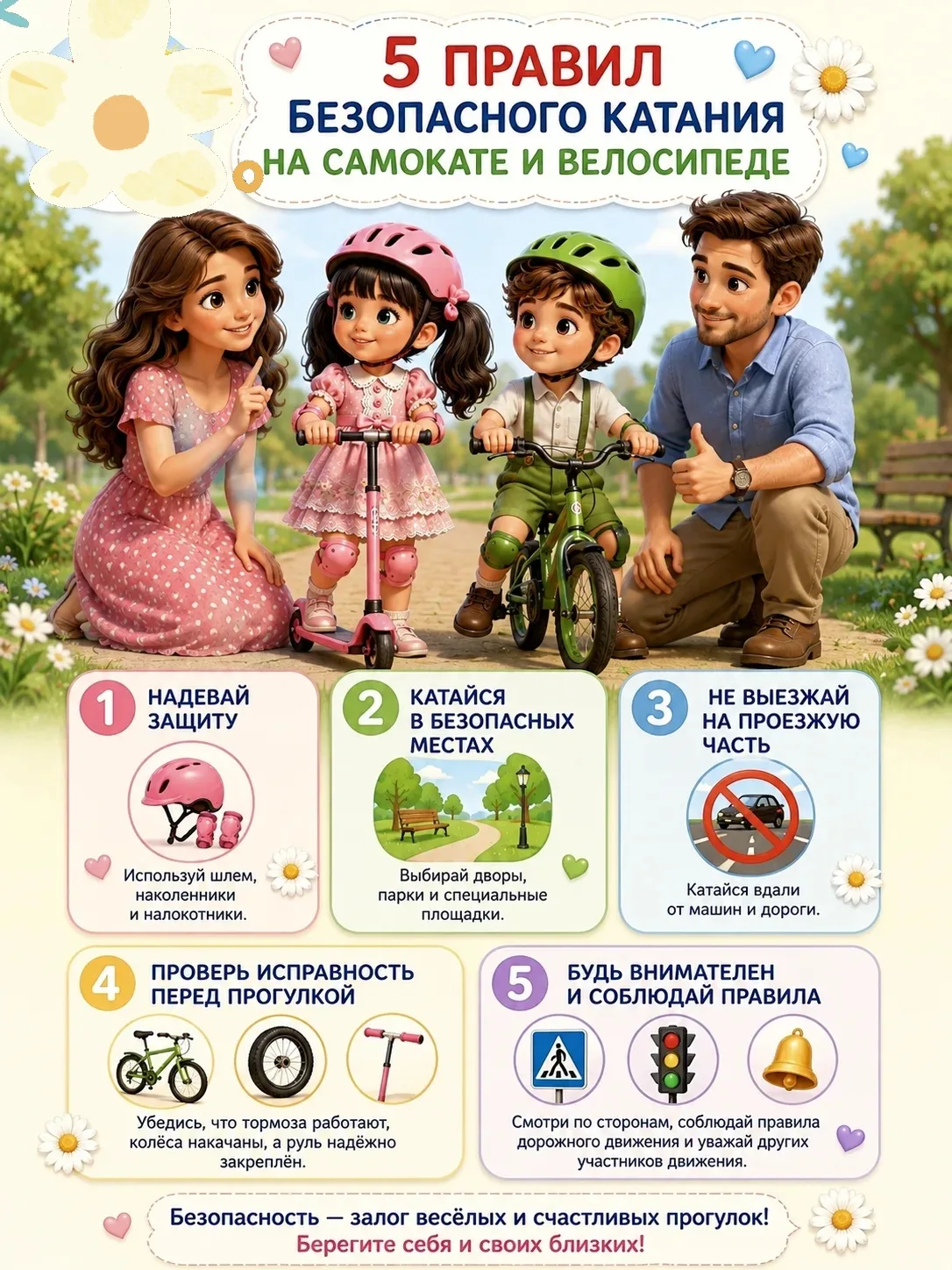 🛴🚲 5 правил безопасного катания на самокате и велосипеде.
Лето создано для активных прогулок! Чтоб