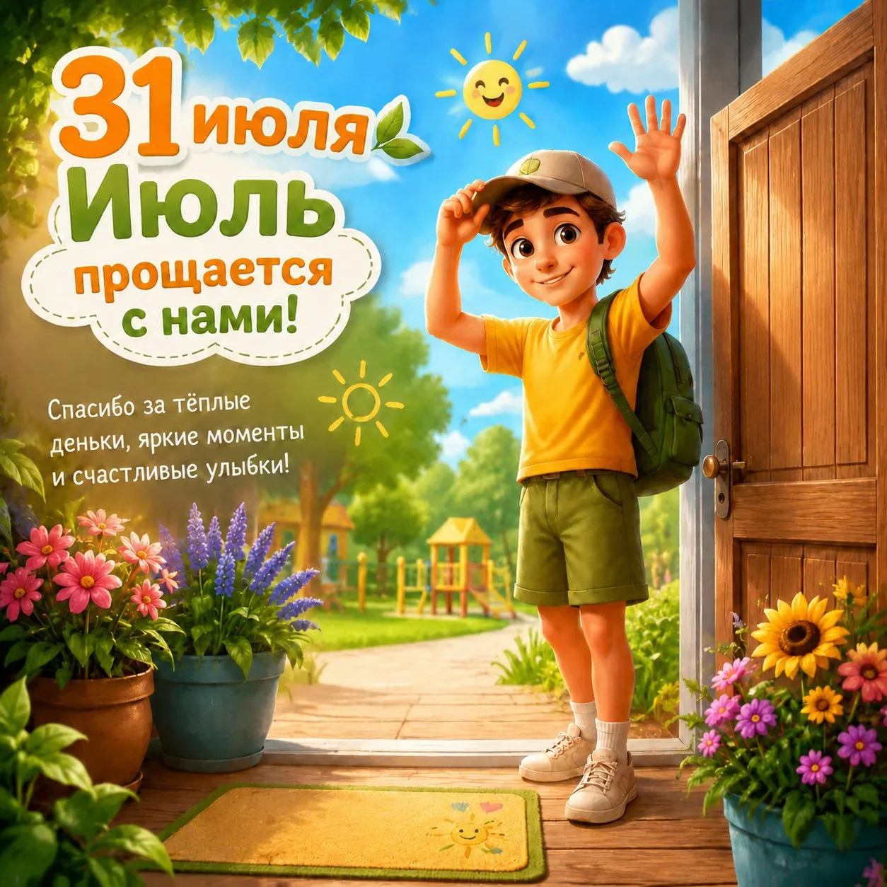 Сегодня 31 июля. Июль стоит у порога, надевает кепку и машет нам рукой! 

А мы ему кричим: «Стой! Мы