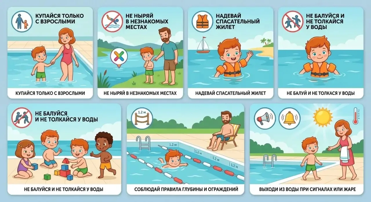 🌊 Лето, солнце, вода — класс! Но чтобы отдых был не только весёлым, но и безопасным, запомни эти пр