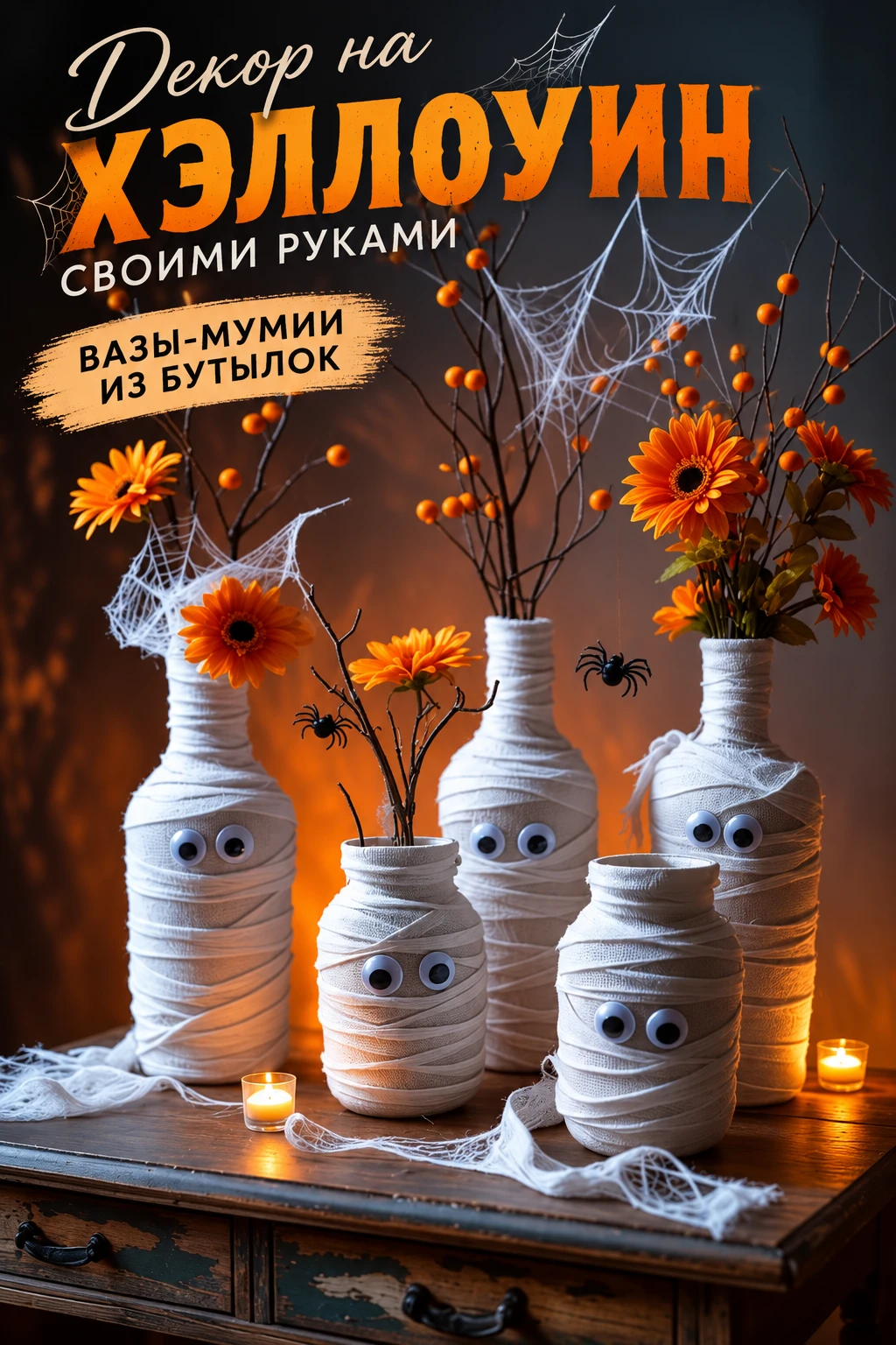 Декор на Хэллоуин своими руками из обычных бутылок и банок: обмотайте основу белой марл...