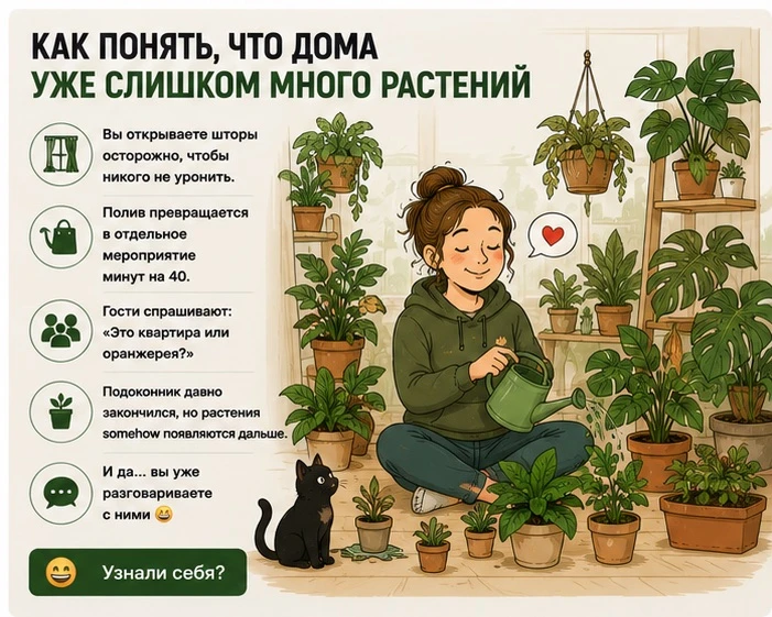 Как понять, что дома уже слишком много растений

Вы открываете шторы осторожно
Чтобы никого не урони