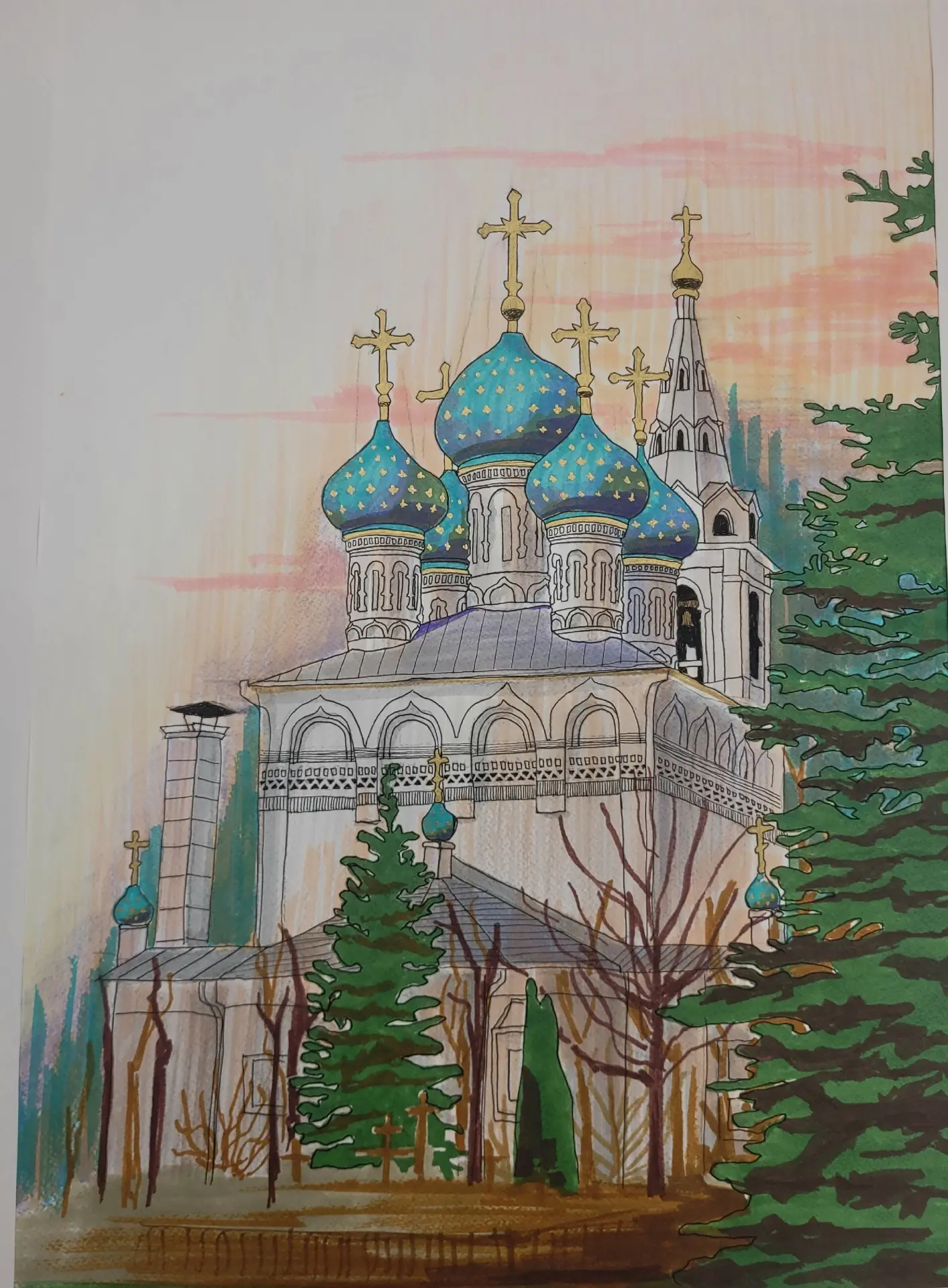С любовью к родному городу... Трубицына Софья, 17 лет. Никольский храм. Бумага А2, марк...