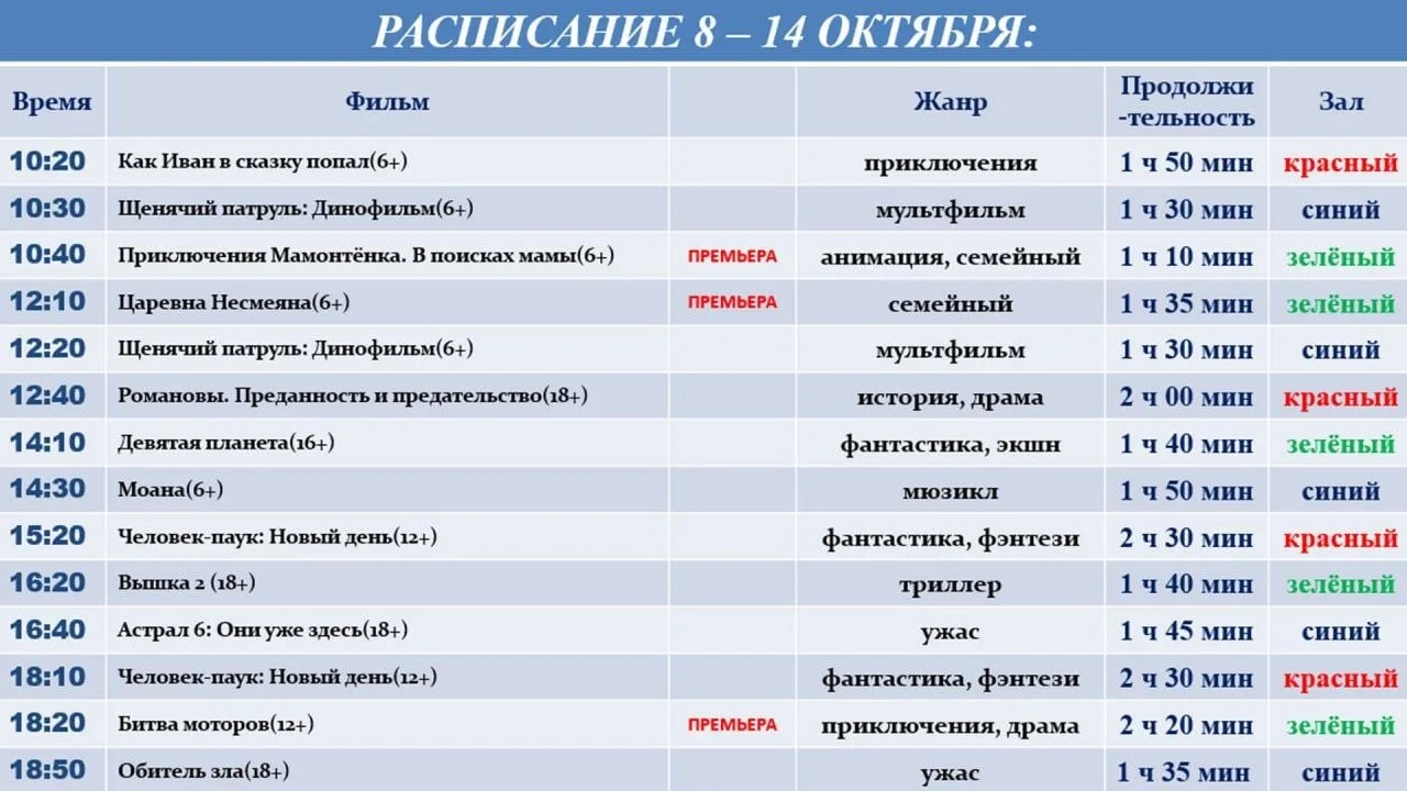Расписание 8-14 октября График работы с 09:00-21:30 КАССЫ КИНОТЕАТРА +79591555222 Кассы...