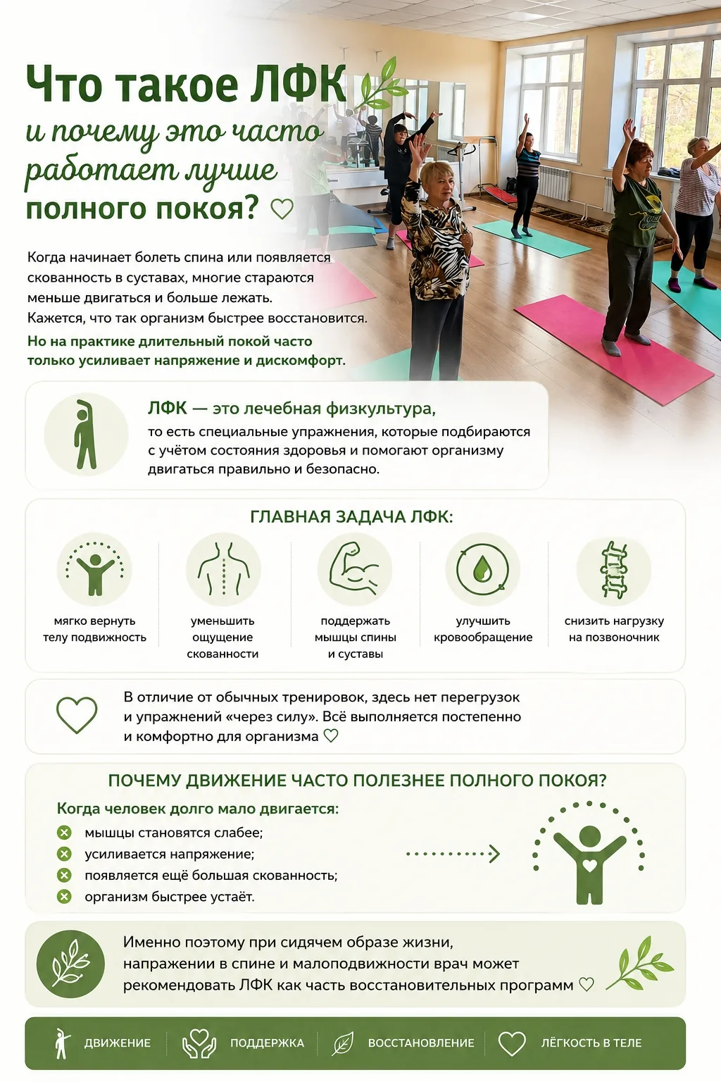 Что такое ЛФК и почему это часто работает лучше полного покоя? 🌿
Когда начинает болеть спина или по