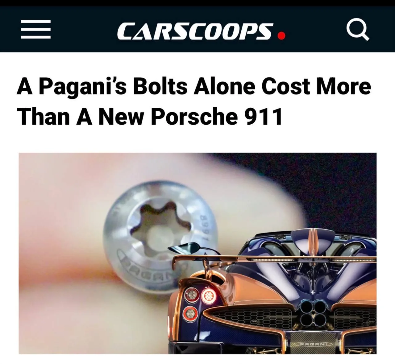 Одни только БОЛТЫ в Pagani стоят дороже нового Porsche 911 — около $160 тысяч за комплект.
На каждый