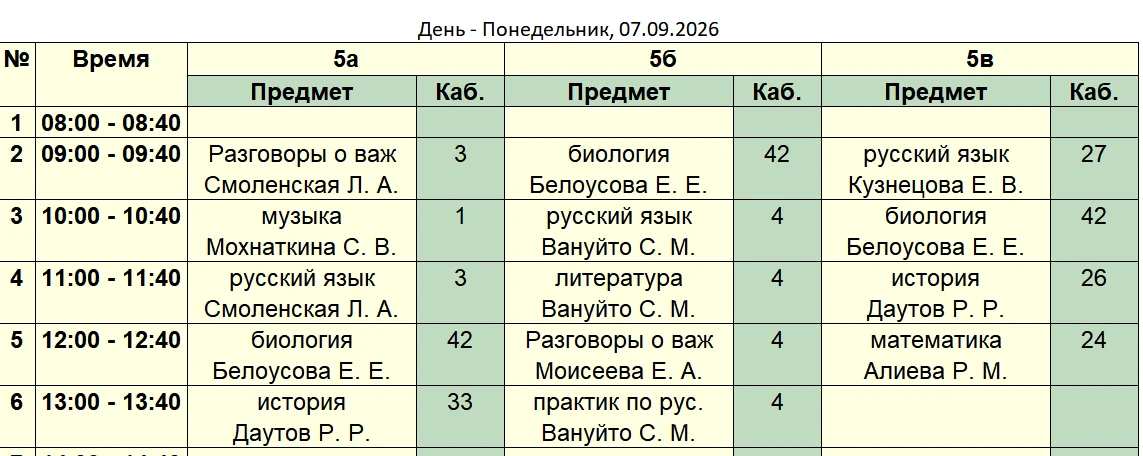 Расписание на 7.09, понедельник.
