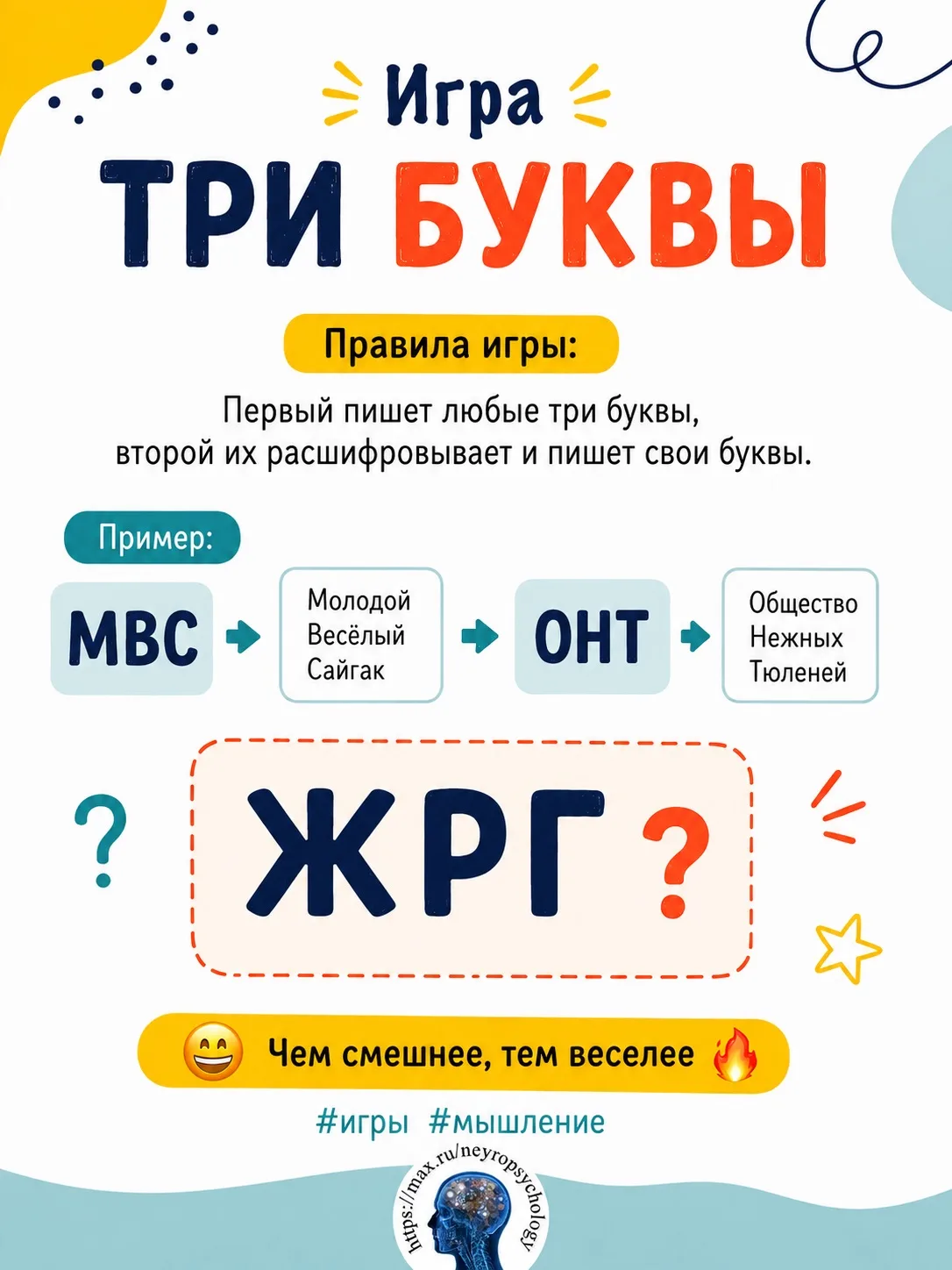 Игра «Три буквы»

Правила игры:
Первый пишет любые три буквы, второй их расшифровывает и пишет свои 
