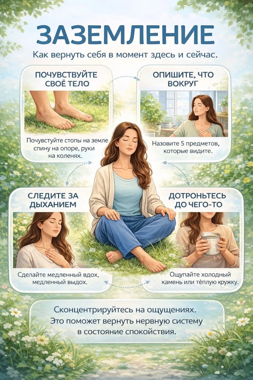 Главная польза заземления
✅Снимает тревогу: переключает фокус с пугающих мыслей на физический мир.
✅