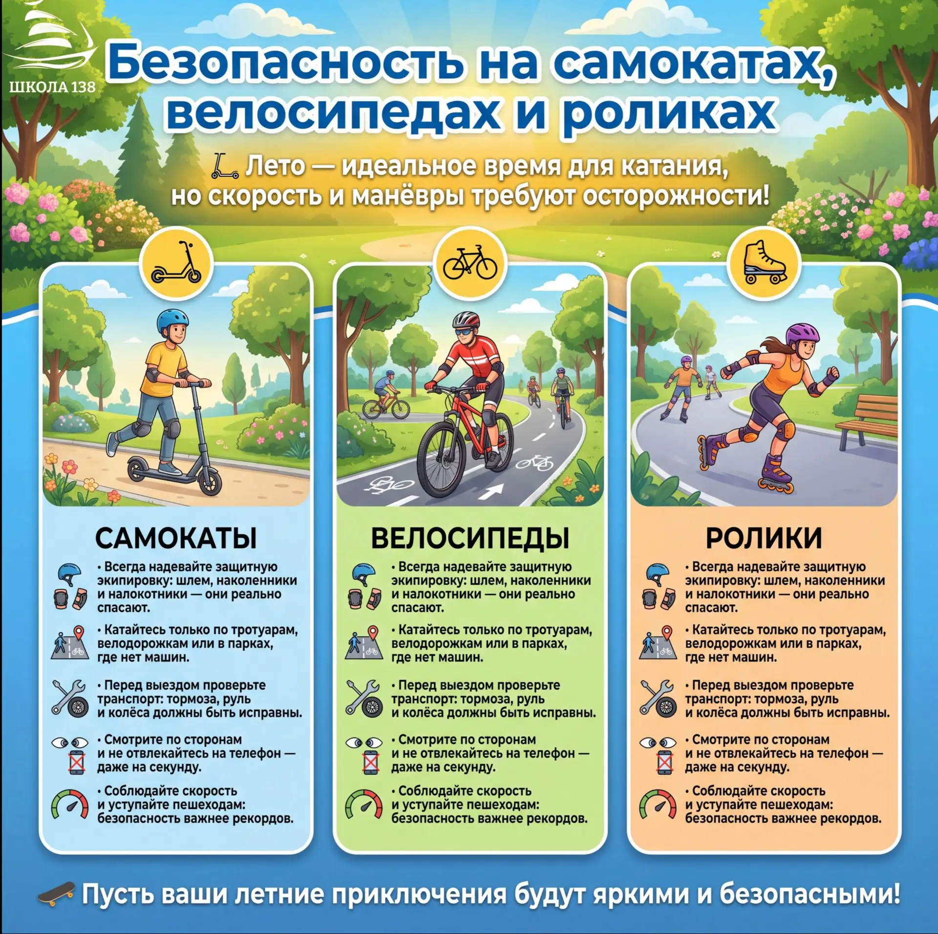 ⛑️ Безопасность на самокатах, велосипедах и роликах!

🛴 Лето — идеальное время для катания, но скор