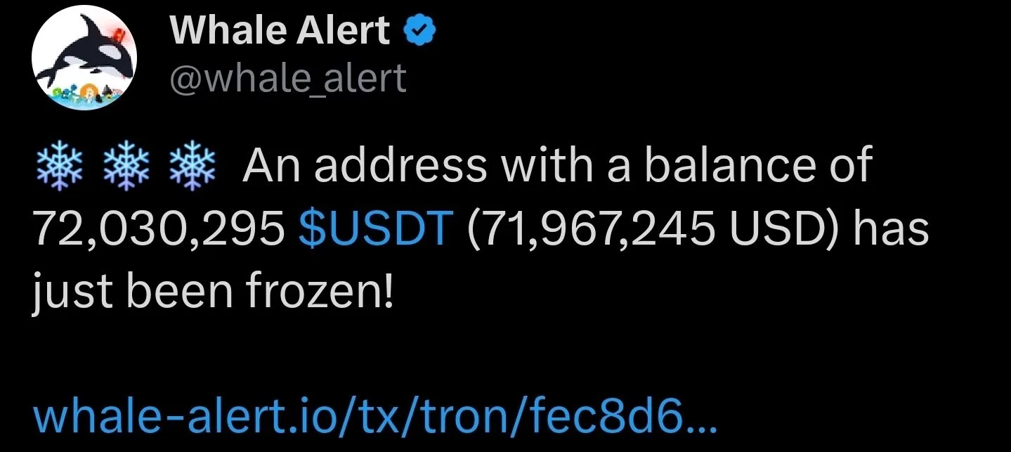 Tether внёс в чёрный список кошелёк, связанный с переводом 120,2 миллиона USDT в Tron, заморозив 72 